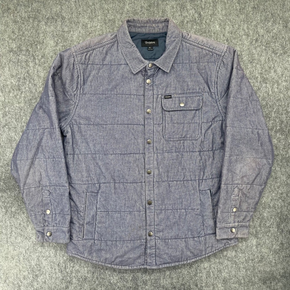 Brixton Jacket Mens XL Quilted Pinstripe Shirt Blue White Snap Front Coat